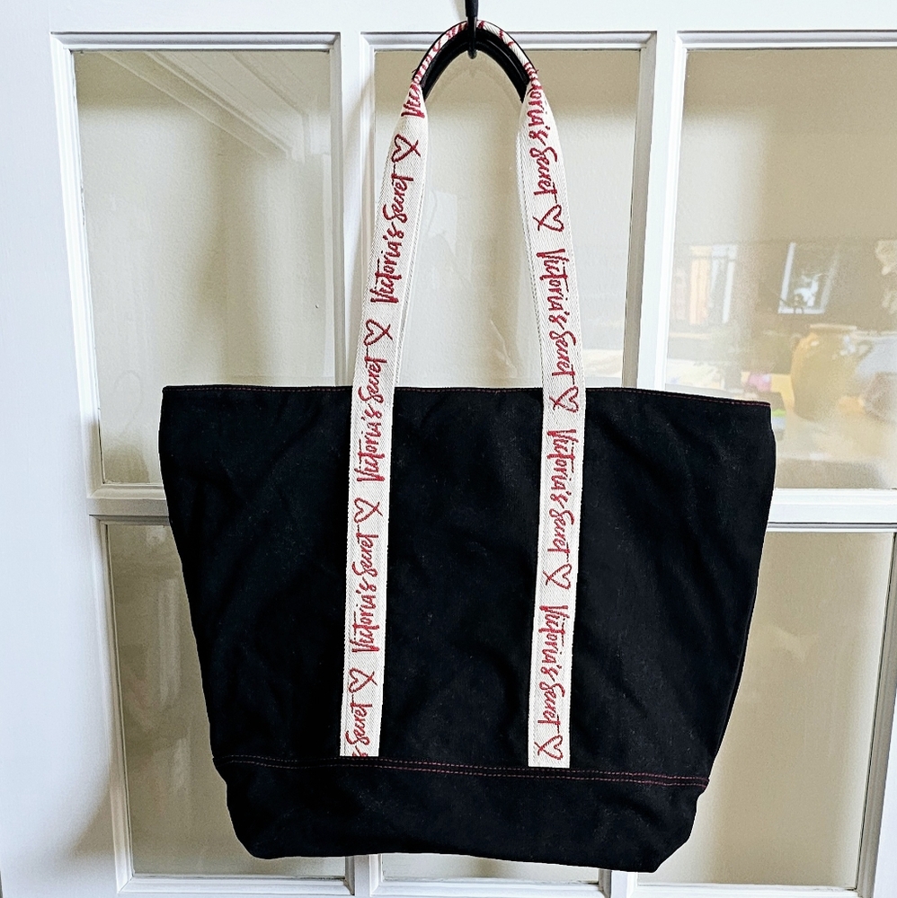 Victoria's Secret Black Tote with Red Logo Straps Limited Edition